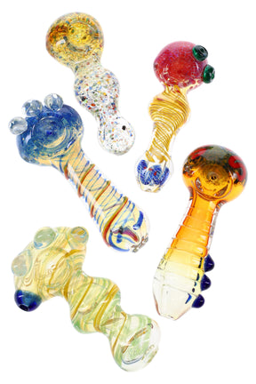 Compact 4½″ colorful glass hand pipe with deep bowl and sturdy spoon design for dry herb; assorted colors, sold individually.