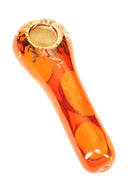 Tangerine orange 4-inch ceramic spoon pipe with gold sun accent and brass screen bowl, bright glossy glaze.