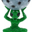 Green alien figurine seated cross-legged, hoisting crater-textured silver bowl resin ashtray overhead, detailed black eyes and muscular torso.