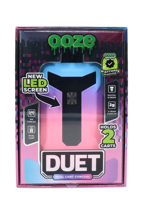 Ooze Duet pink gradient version in packaging highlighting LED screen, 2 g capacity, 510 thread, and dual-cart conceal design.