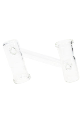 Clear glass drop-down sidecar adapter with two 18.8 mm female joints connected by a tube, shown angled on a white background.