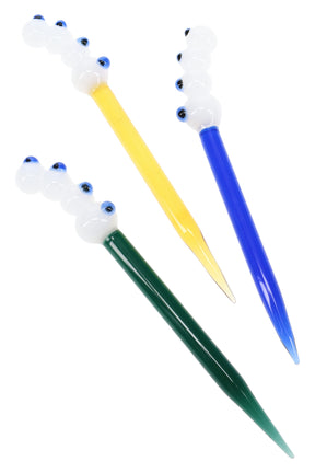 Trio of 5-inch glass dab tools with four white marble “eyes” and yellow, blue, and green stems, displayed on white background to highlight tapered tips and colors.