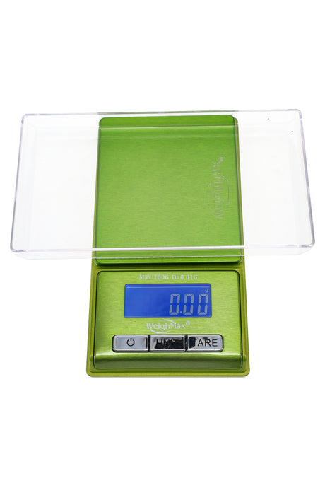Vibrant green WeighMax DS172 micro scale offers 0.01 g accuracy, lid flipped to form tray, blue LCD reads 0.00 grams