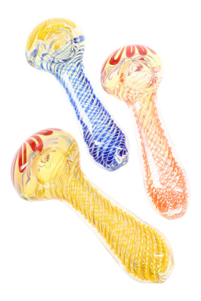 4½-inch color-changing glass hand pipe with tight swirl striping and rounded bowl, shown in assorted colorways.