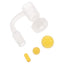 Frosted design terp slurper banger set with yellow bead trio—marble, pearl, pillar—flat-top bucket and 90-degree bend.
