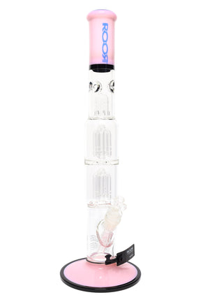 Pink-accent ROOR Tech 17-inch straight tube water pipe with double tree percs, ice pinch, glass-on-glass downstem and bowl on wide pink base.