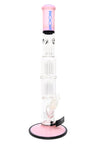 Pink-accent ROOR Tech 17-inch straight tube water pipe with double tree percs, ice pinch, glass-on-glass downstem and bowl on wide pink base.