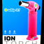 Whip-It Ion torch in bright pink, tall canister body and chrome nozzle featured against blue Whip-It branding.
