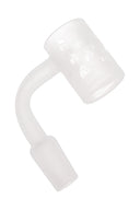 Minimal frosted quartz bucket with subtle flame etching, flat-top and 90-degree neck; male joint, white background.