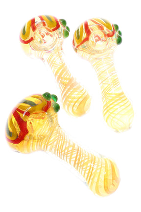 4-inch thick color-changing glass spoon with Rasta flower bowl cap, three green grip marbles, and spiral ribbon stem, shown in assorted colors.