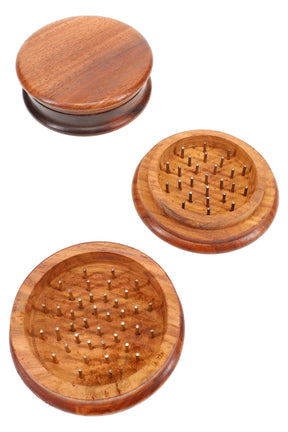 Large 2-part wood herb grinder with metal pin teeth and domed lid, 2¾″ (72 mm) diameter, shown open and closed.