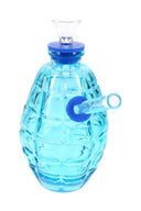 Blue grenade-shaped glass bong with clear bowl, angled mouthpiece, and mini textured beaker body