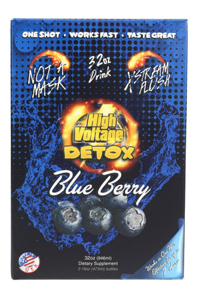 High Voltage Detox 32 oz Blue Berry box front, blue splash graphics and “Not a Mask” claim; dietary supplement drink.