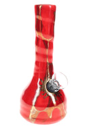 Cherry red 5″ ceramic mini bong with flowing gold accents and front-mounted carb hole.