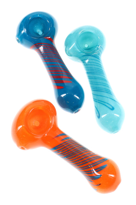 3½″ colorful squiggle frit glass spoon pipe with compact bowl and bright striped accents
