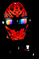 Gas mask bong with bright red skull graphic and mirrored goggles, complete with acrylic tube and metal bowl.