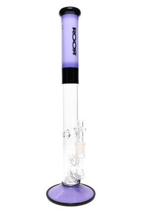 ROOR Tech 18-inch colored straight tube bong with showerhead perc, glass-on-glass joint, purple mouthpiece and base.