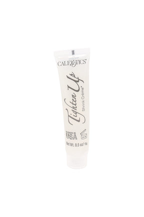 Compact 0.5 oz tube labeled Tighten Up Shrink Crème by CalExotics, blended in USA; discreet external-use tightening cream in white packaging.