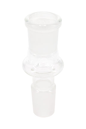 Clear glass 18.8 mm male-to-female adapter with frosted ground joints and center grip ring, shown upright on a white background.