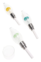 Glass bulb mushroom dab straw with ceramic tip and separate glass dish, three assorted colors shown; compact 5-inch concentrate straw.