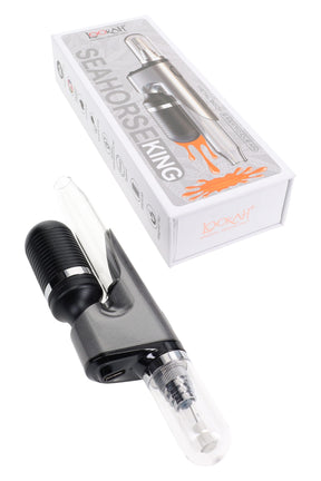 Silver Lookah Seahorse King dab straw next to box highlighting metal chassis, 3 voltage settings, and quartz tip.