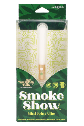 White-and-gold joint-shaped mini vibrator with 10 vibration modes, waterproof USB rechargeable, in cannabis-themed box.