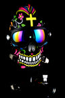 Gas mask bong featuring colorful sugar-skull mask and mirrored goggles, paired with an acrylic tube for dry-herb hits.