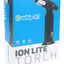 Whip-It Ion Lite torch in black on packaging, portable dab torch with metal burner tip, angled right side.
