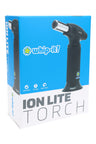 Whip-It Ion Lite torch in black on packaging, portable dab torch with metal burner tip, angled right side.