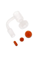 Frosted design terp slurper banger in 14.5 mm male, paired with orange marble, pearl, and pillar inserts on a white background.