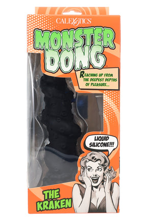 Comic-style packaging showcasing black 8-inch liquid silicone fantasy dildo, Monster Dong Kraken.