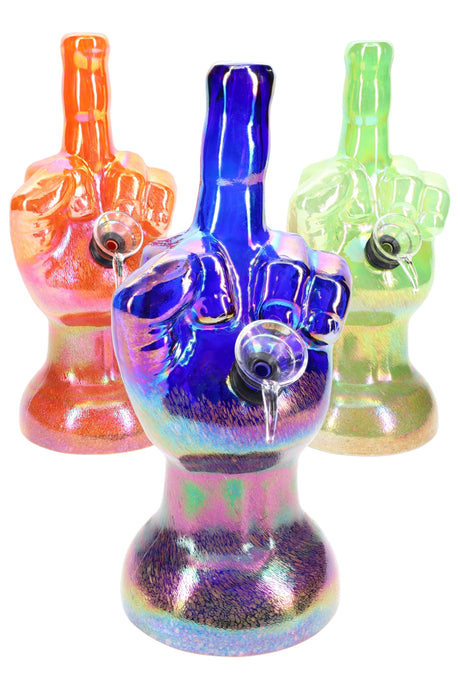 Rainbow-chrome 8.5-inch glass bong shaped like an upraised middle finger, gleaming in blue, orange, and green variants against white backdrop.