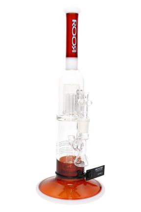 ROOR Tech 15-inch colored stemless straight tube with fixed barrel percolator, pedestal base, glass-on-glass joint, red mouthpiece and base accents.