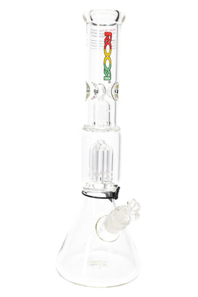 ROOR Tech 14-inch 5mm Thick Beaker Water Pipe with Tree Perc and Ice Pinch – clear glass, rasta logo – front view