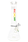 Clear ROOR 14-inch Zeaker beaker bong with rasta red-yellow-green ROOR logo, glass-on-glass downstem and bowl, ice pinch.