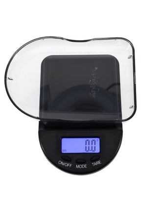 Compact WeighMax DS103 digital pocket scale with back-lit LCD, snap-on tray cover, and three control buttons reading 0.0 g on screen, angled studio view.