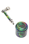 Leaf Sugar Skull design metal pipe paired with matching 1½″ 4-part grinder; colorful sugar-skull artwork across both pieces.