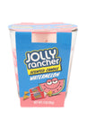 Jolly Rancher Watermelon scented candle in clear 3-oz tumbler with blue label and cartoon melon slice, pink wax visible inside