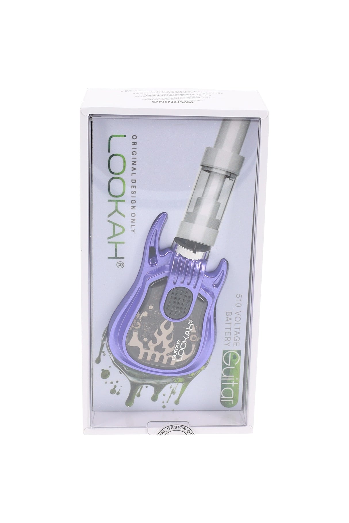 Lavender Lookah Guitar 510 battery retail box, compact guitar silhouette and transparent panel showing internals.