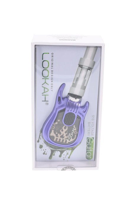 Lavender Lookah Guitar 510 battery retail box, compact guitar silhouette and transparent panel showing internals.
