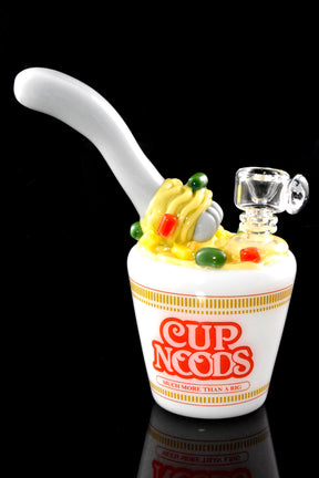Dessert-cup style mini rig on black background showing fork mouthpiece wrapped with noodles and side 14.5 mm joint.