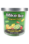 14-oz triple-wick Mike and Ike Original Fruits scented candle, green wax glass jar featuring assorted fruit imagery under lid