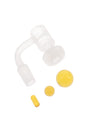 Etched frosted terp slurper banger with yellow marble, pearl, and pillar banger beads; 90° neck, 14.5 mm male joint.