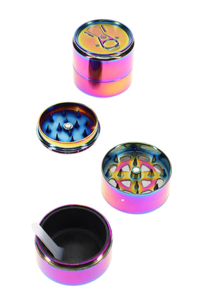 Rainbow 3-part metal soda can herb grinder, 1½″ size with mesh screen and kief scraper, compact zinc-alloy design shown disassembled.