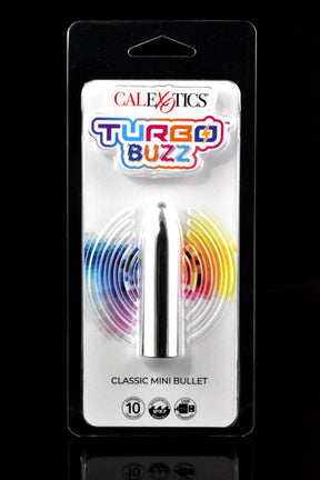 Silver Turbo Buzz Classic Mini Bullet vibrator in retail pack; sleek tapered head, 10 vibration functions, IPX7, USB rechargeable.