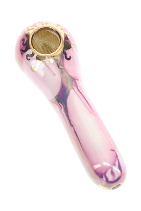 Pink 4-inch ceramic spoon pipe with gold sun detail and brass screen bowl, smooth glossy finish for dry herb.