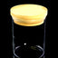 Medium glass jar with natural bamboo lid and visible silicone gasket, angled side view on reflective black surface