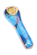 Royal blue 4-inch ceramic spoon hand pipe with gold sun detail and brass screen bowl, polished finish.