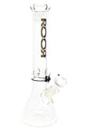 Clear ROOR 5 mm beaker bong with gold ROOR logo, glass-on-glass downstem and bowl, ice pinch.
