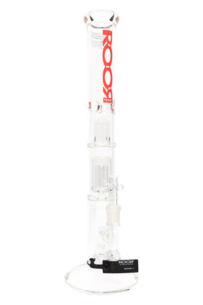 Clear ROOR Tech straight tube with red ROOR Tech logo, multi-perc stack, triple ice pinch, 18" 5 mm glass-on-glass bowl.
